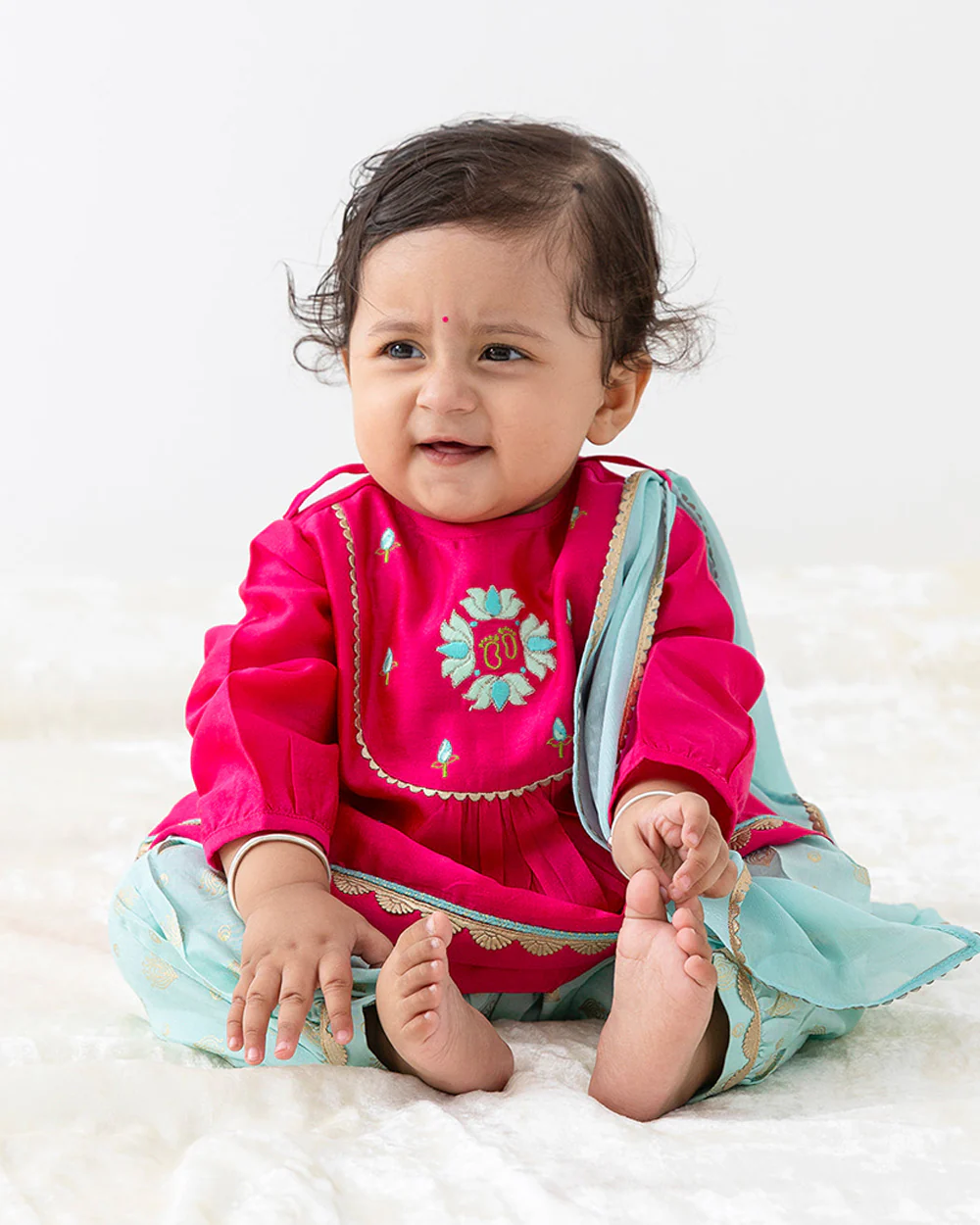 Tiber Taber Pink & Sea Green Angrakha Set-Laxmi Charan-Viscose-For Infants - Image 3