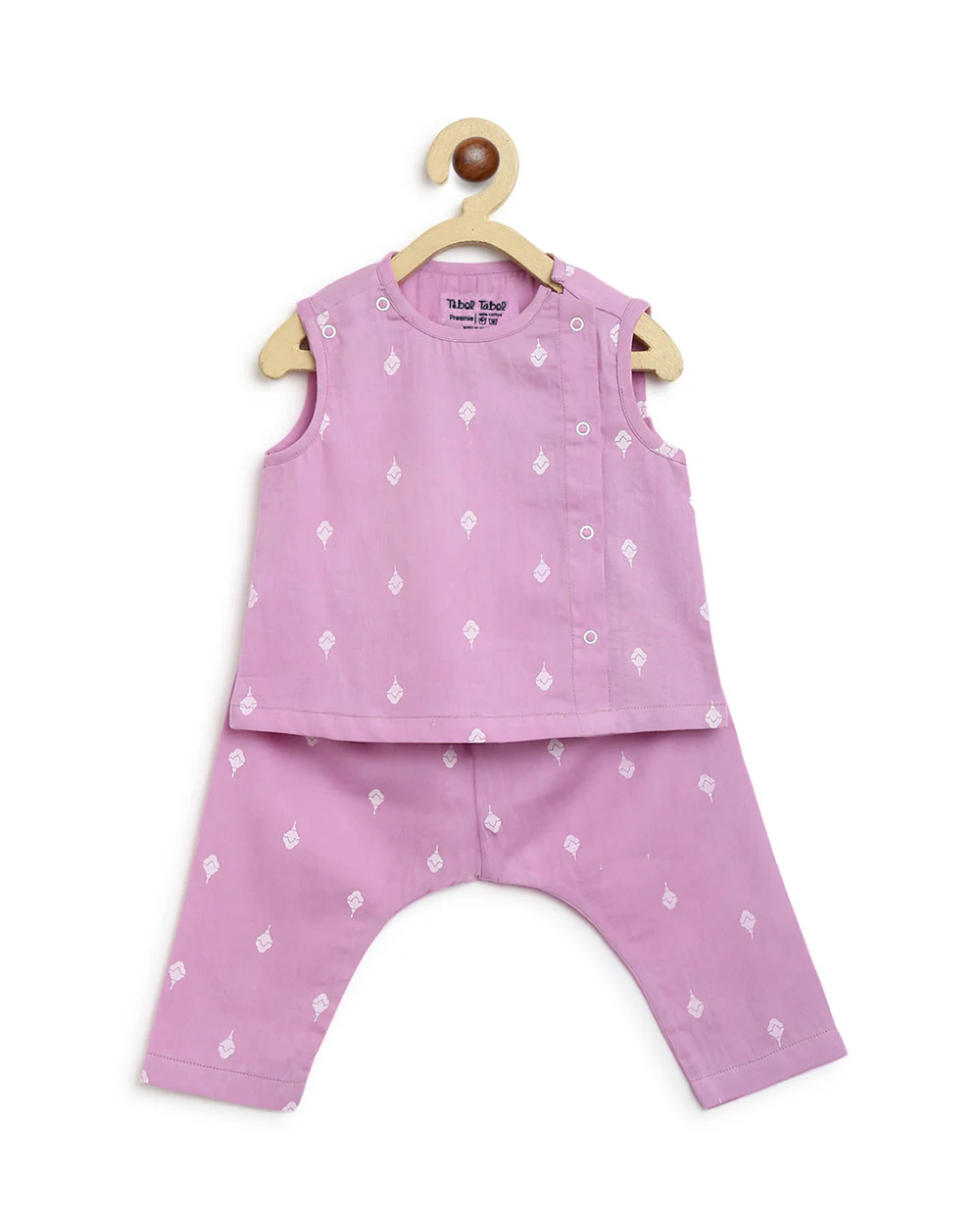 Tiber Taber Purple Jhabla and Pajama Set-White Printed-Cotton-For Infants - Image 2