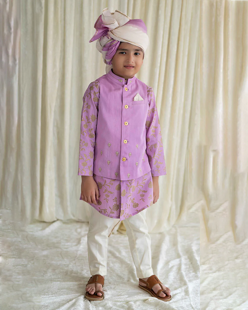Tiber Taber Purple Kurta Jacket Set-Embroidered-Cotton-For Infants - Image 4