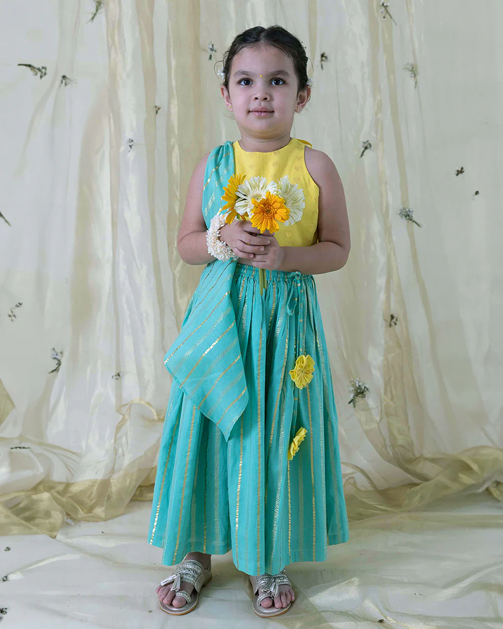Tiber Taber Yellow & Blue Little Miss Sunshine Lehenga Choli Set-Golden Hearts-Cotton-For Infants