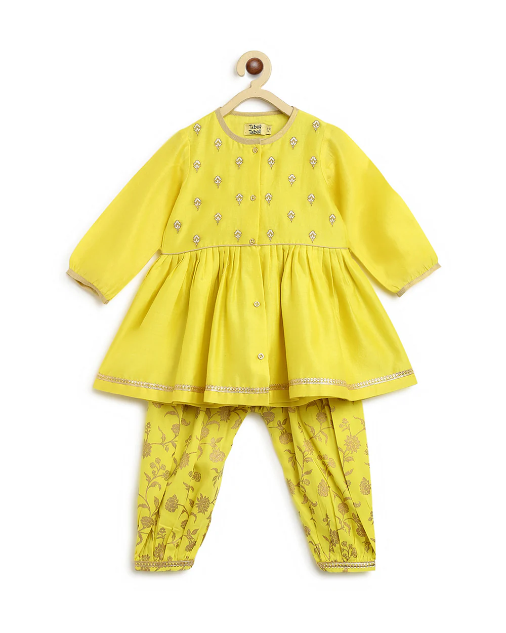 Tiber Taber Yellow Angrakha Pajama Set-Embroidered-Cotton-For Infants - Image 2