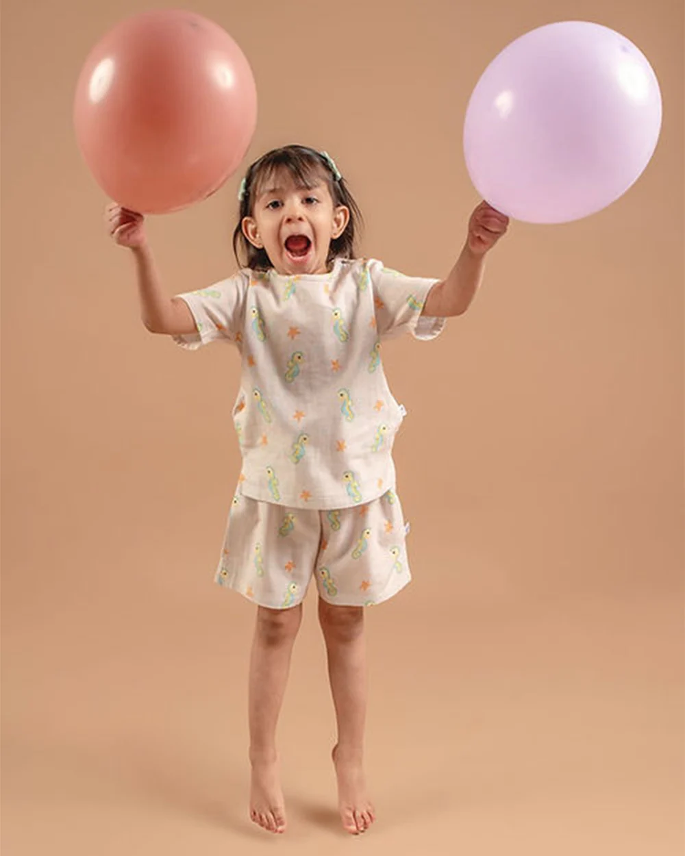 Tickle Tickle Beige T-shirt & Shorts Set-Sea Sparkle-Organic Muslin-For Infants - Image 2