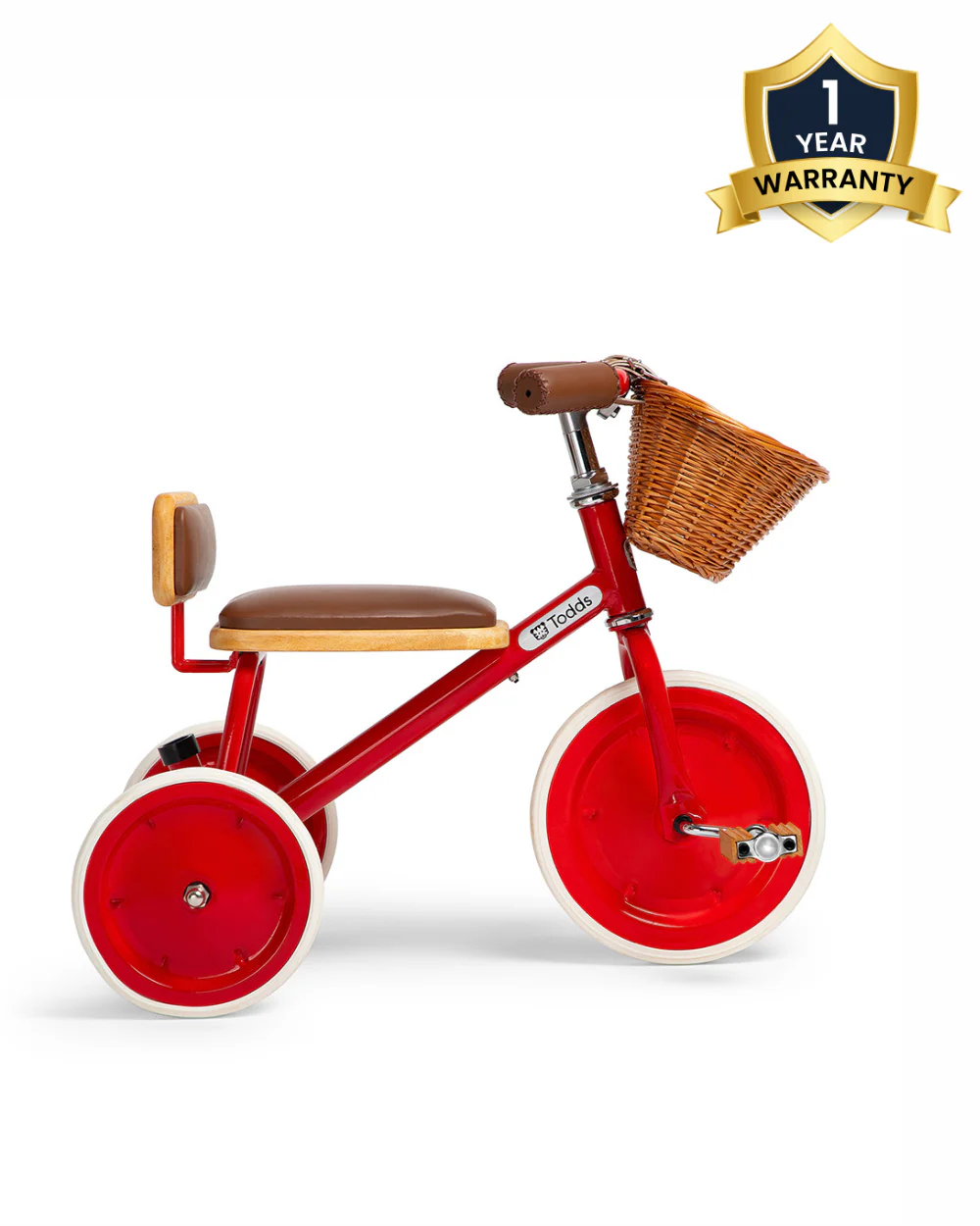Todds Trike-ISO 8124 Certified-Detachable & Height Adjustable Parent Handlebar-With Birchwood Pedals & Vegan Leather Padded Seat-For 18M+-Racer Red - Image 2