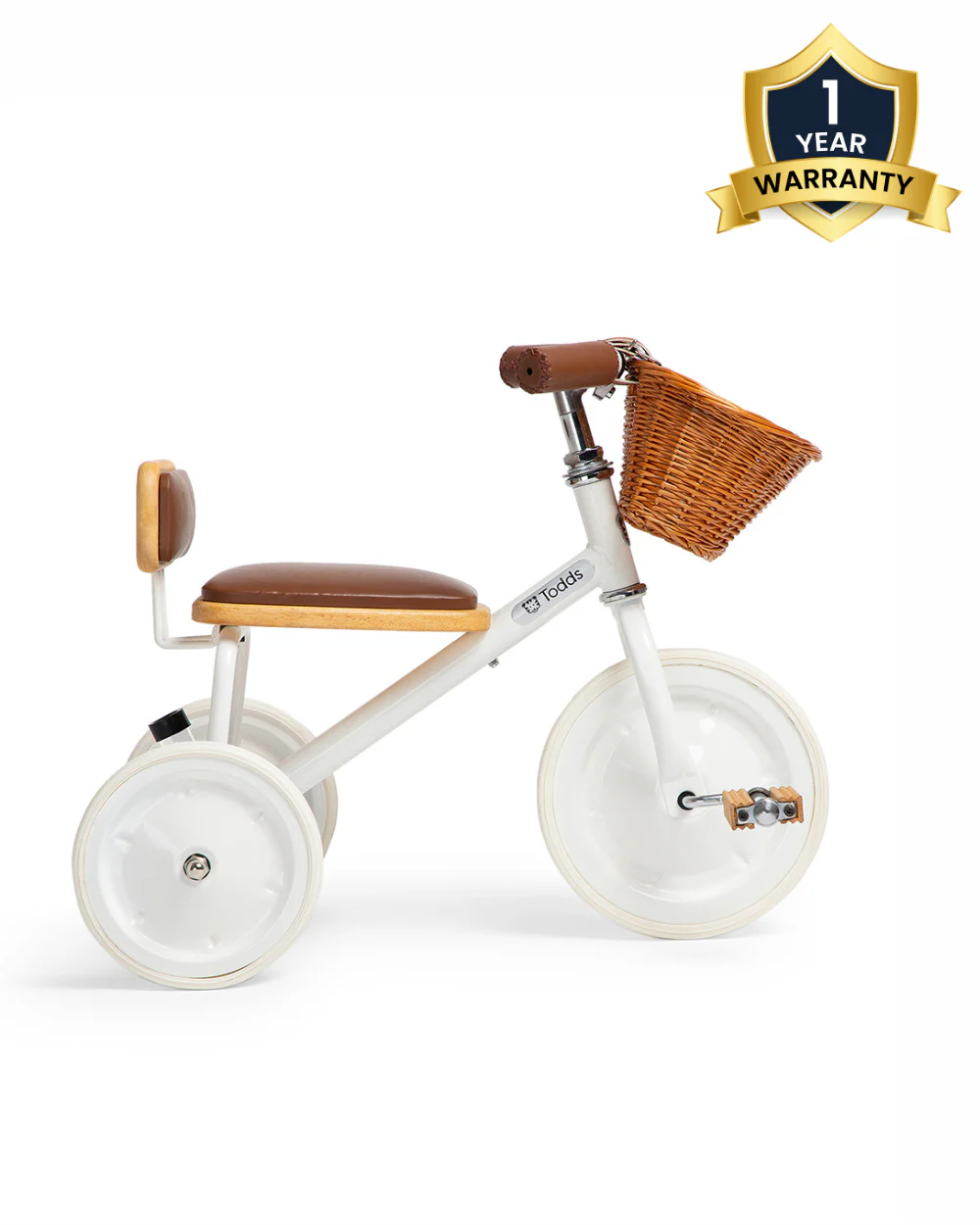 Todds Trike-ISO 8124 Certified-Detachable & Height Adjustable Parent Handlebar-With Birchwood Pedals & Vegan Leather Padded Seat-For 18M+-Whimsy White - Image 2
