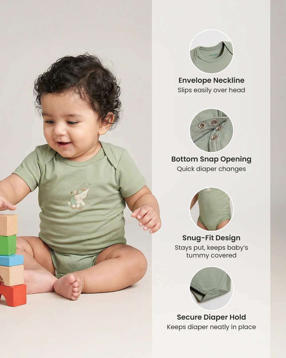Twingle 100% Organic Cotton Bodysuit-Envelope Neck for Easy Dressing-Nickel Free Snaps-Short Sleeves-Solid-Sage Green-For Infants - Image 7