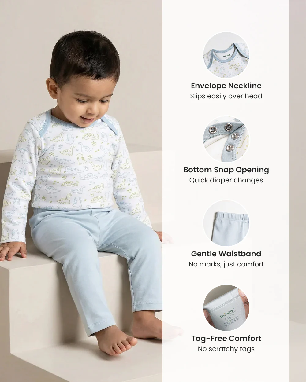Twingle 100% Organic Cotton Bodysuit with Leggings-Envelope Neck for Easy Dressing-No Itchy Tags-Soft Elasticated Waistband-Long Sleeves-Dino Print-White-For Infants - Image 14