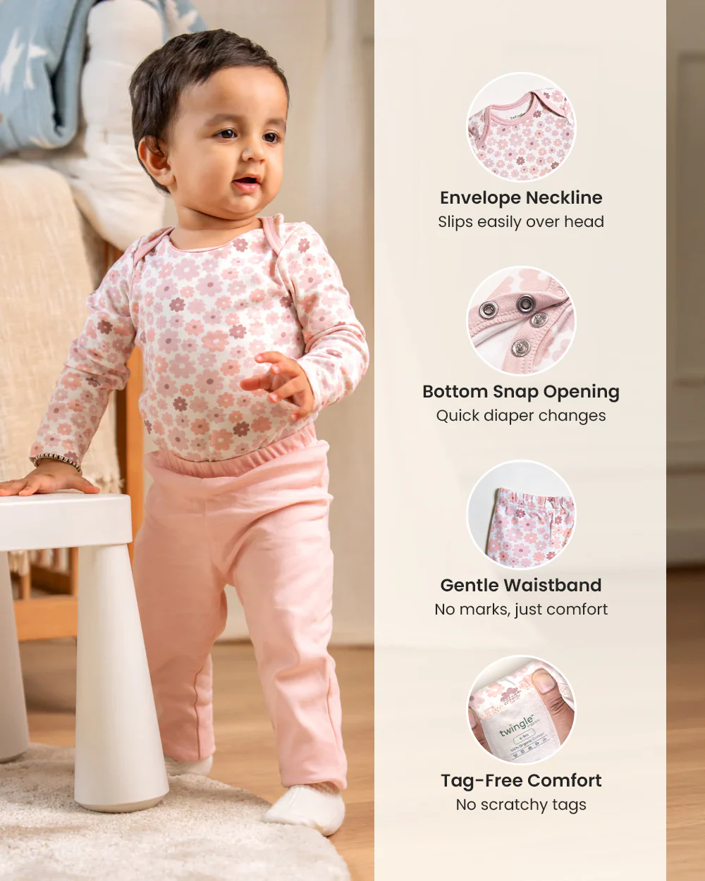 Twingle 100% Organic Cotton Bodysuit with Leggings-Envelope Neck for Easy Dressing-No Itchy Tags-Soft Elasticated Waistband-Long Sleeves-Floral Print-Pastel Pink-For Infants - Image 14