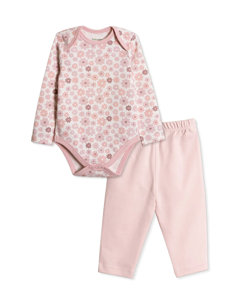 Twingle 100% Organic Cotton Bodysuit with Leggings-Envelope Neck for Easy Dressing-No Itchy Tags-Soft Elasticated Waistband-Long Sleeves-Floral Print-Pastel Pink-For Infants - Image 2