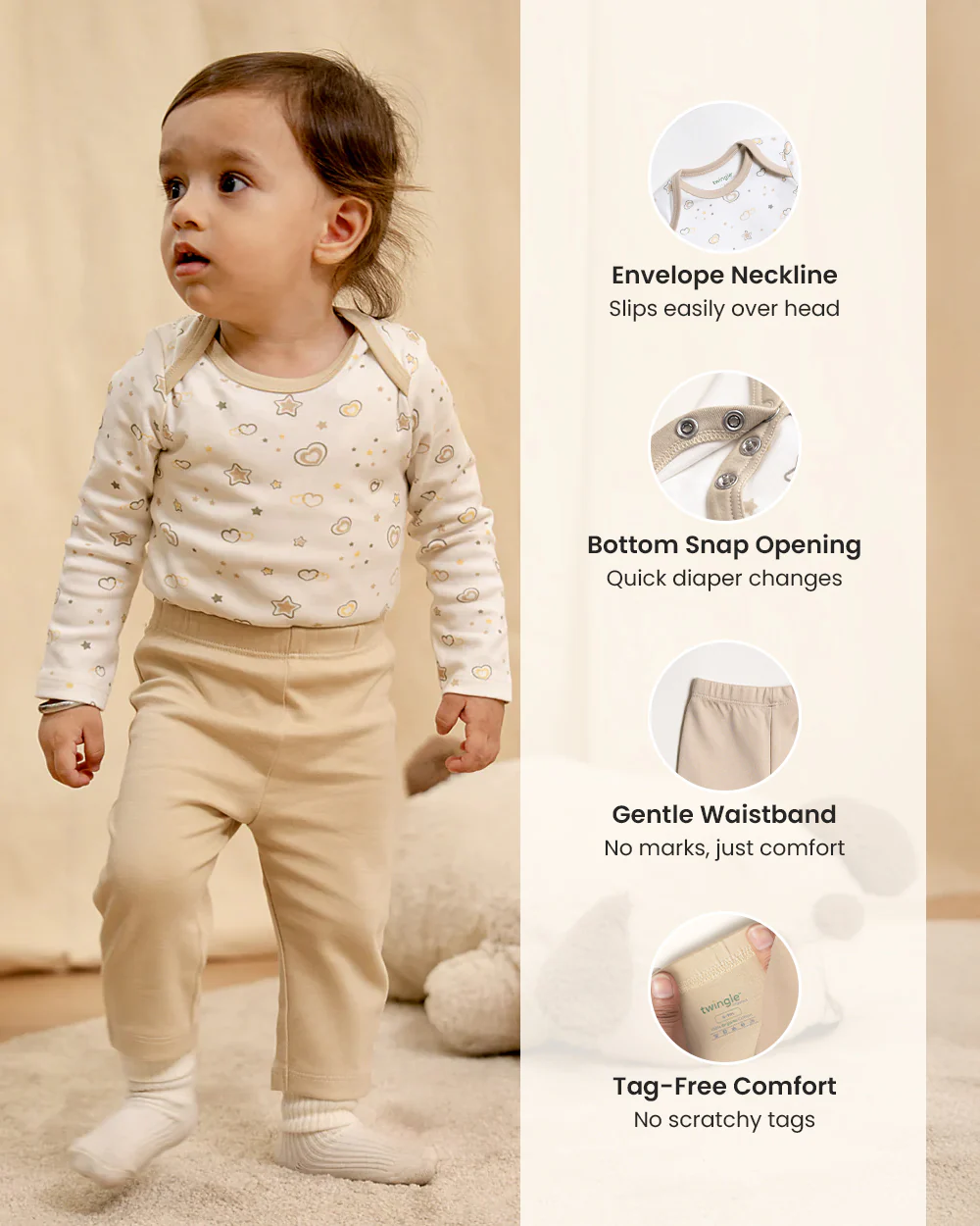 Twingle 100% Organic Cotton Bodysuit with Leggings-Envelope Neck for Easy Dressing-No Itchy Tags-Soft Elasticated Waistband-Long Sleeves-Hearts & Stars Print-White-For Infants - Image 14