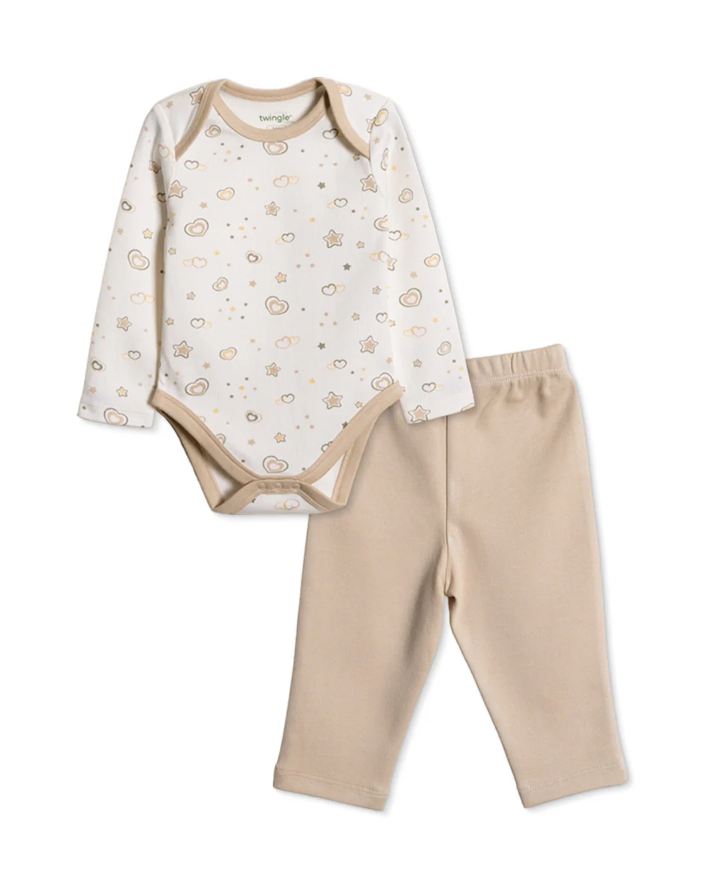 Twingle 100% Organic Cotton Bodysuit with Leggings-Envelope Neck for Easy Dressing-No Itchy Tags-Soft Elasticated Waistband-Long Sleeves-Hearts & Stars Print-White-For Infants - Image 2