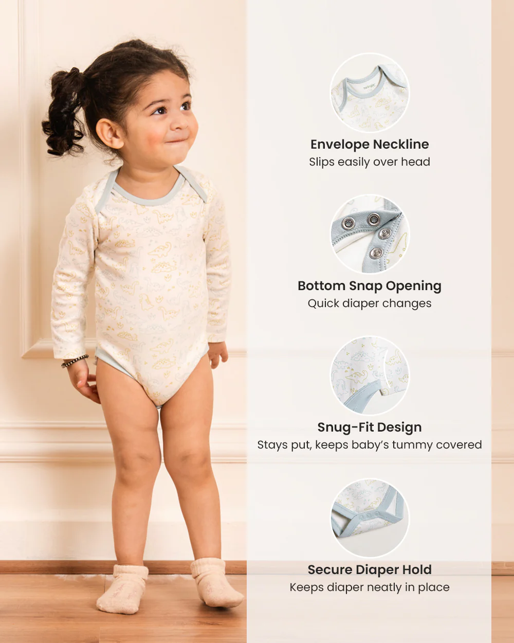 Twingle 100% Organic Cotton Bodysuit-Envelope Neck for Easy Dressing-Nickel Free Snaps-Long Sleeves-Dino Print-White-For Infants - Image 7
