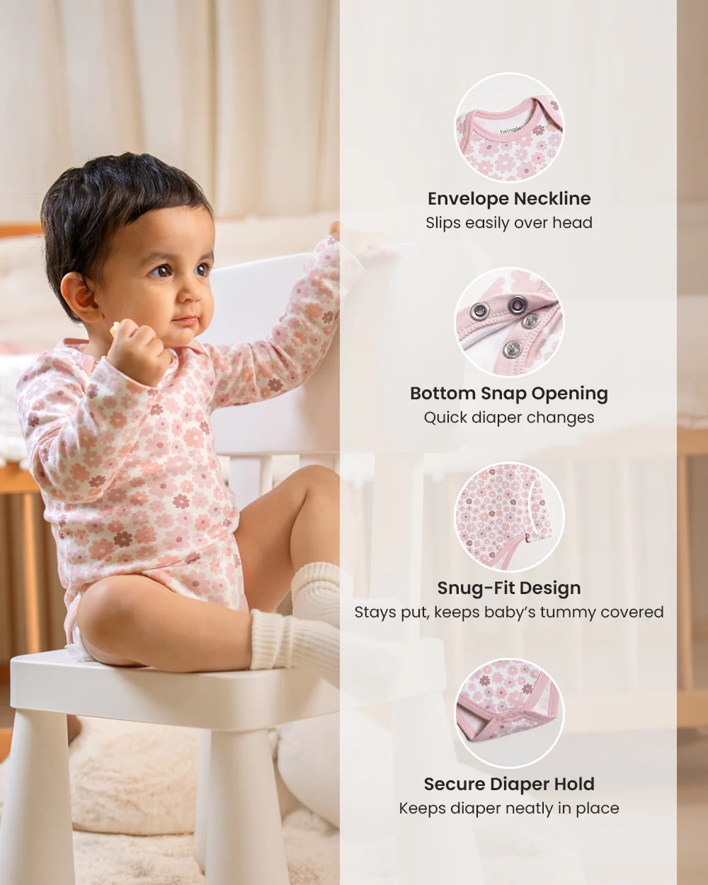 Twingle 100% Organic Cotton Bodysuit-Envelope Neck for Easy Dressing-Nickel Free Snaps-Long Sleeves-Floral Print-Pastel Pink-For Infants - Image 7