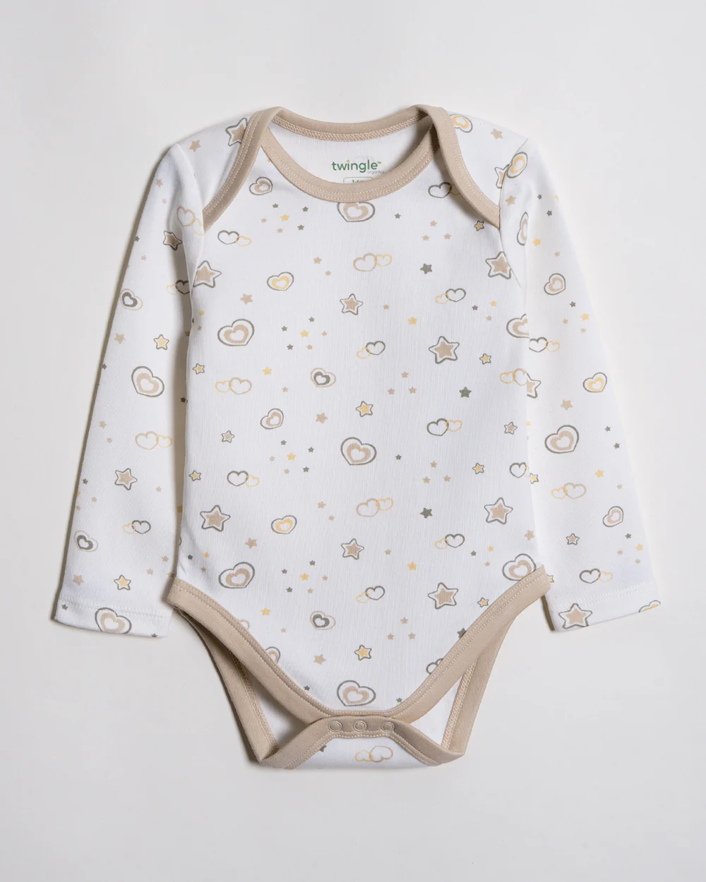 Twingle 100% Organic Cotton Bodysuit-Envelope Neck for Easy Dressing-Nickel Free Snaps-Long Sleeves-Hearts & Stars Print-White-For Infants - Image 2