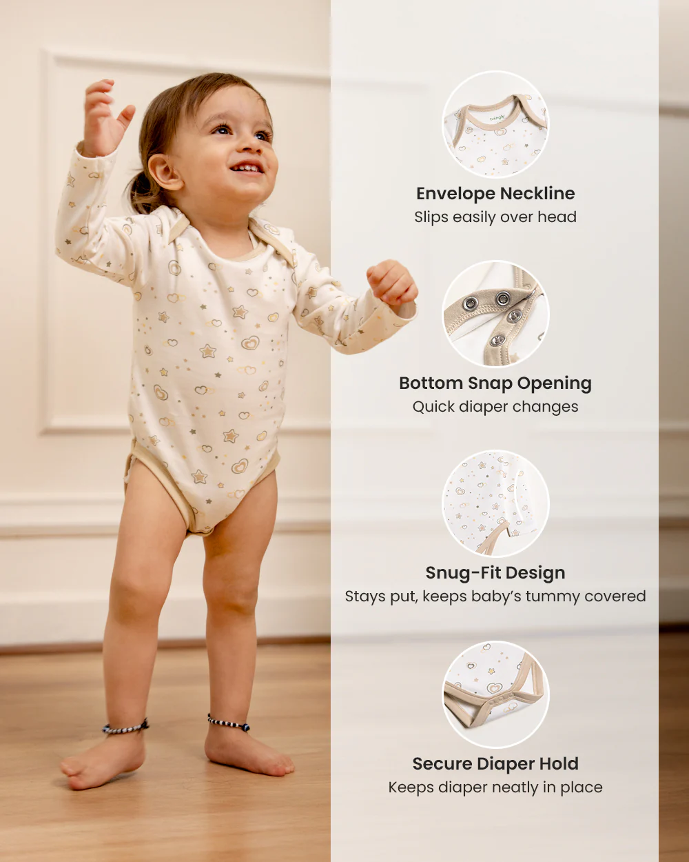 Twingle 100% Organic Cotton Bodysuit-Envelope Neck for Easy Dressing-Nickel Free Snaps-Long Sleeves-Hearts & Stars Print-White-For Infants - Image 7