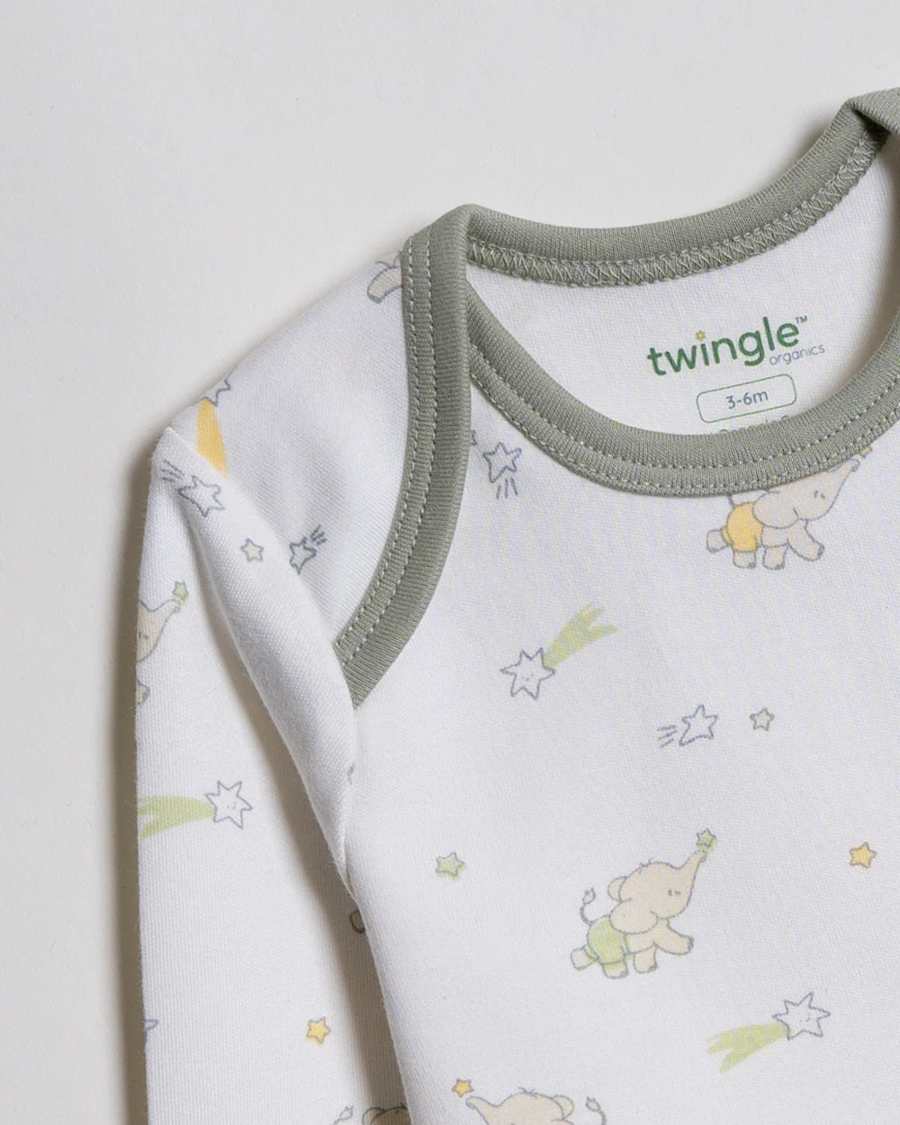 Twingle 100% Organic Cotton Bodysuits-Envelope Neck for Easy Dressing-Nickel Free Snaps-Long Sleeves-Elephant & Dino Print-White-Pack of 2-For Infants - Image 5
