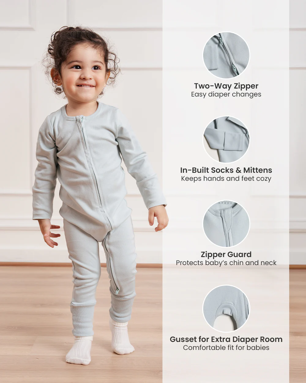 Twingle 100% Organic Cotton Sleepsuit-Zip Guard to Protect Baby's Chin & Neck-Two Way Zipper for Easy Diaper Change-Inbuilt Booties & Mittens-Solid-Light Blue-For Infants - Image 6