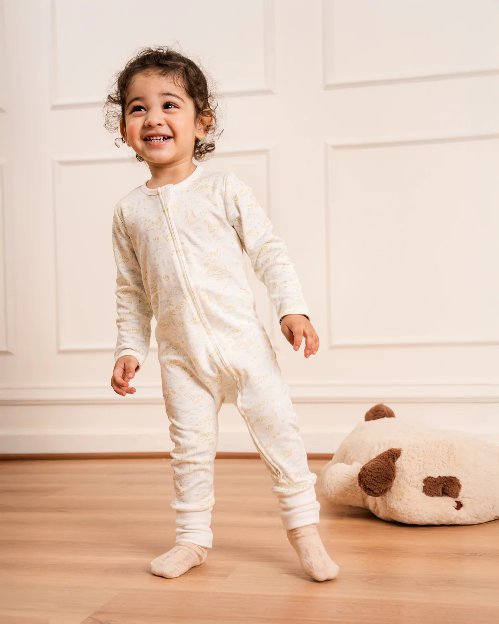 Twingle 100% Organic Cotton Sleepsuit-Zip Guard to Protect Baby's Chin & Neck-Two Way Zipper for Easy Diaper Change-Inbuilt Booties & Mittens-Dino Print-White-For Infants
