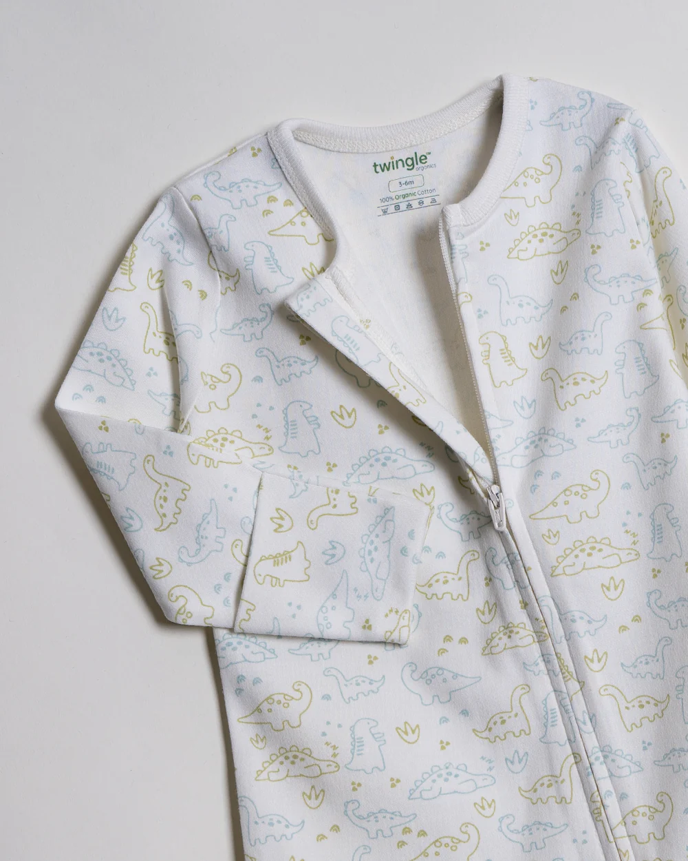 Twingle 100% Organic Cotton Sleepsuit-Zip Guard to Protect Baby's Chin & Neck-Two Way Zipper for Easy Diaper Change-Inbuilt Booties & Mittens-Dino Print-White-For Infants - Image 3
