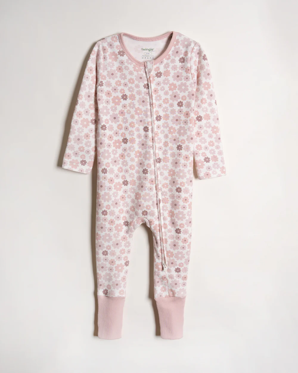 Twingle 100% Organic Cotton Sleepsuit-Zip Guard to Protect Baby's Chin & Neck-Two Way Zipper for Easy Diaper Change-Inbuilt Booties & Mittens-Floral Print-White-For Infants - Image 2
