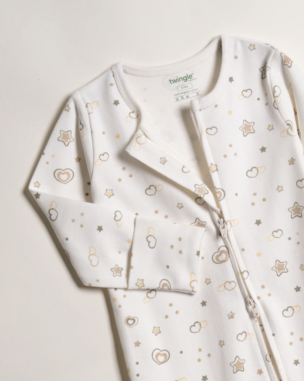 Twingle 100% Organic Cotton Sleepsuit-Zip Guard to Protect Baby's Chin & Neck-Two Way Zipper for Easy Diaper Change-Inbuilt Booties & Mittens-Hearts & Stars Print-White-For Infants - Image 3