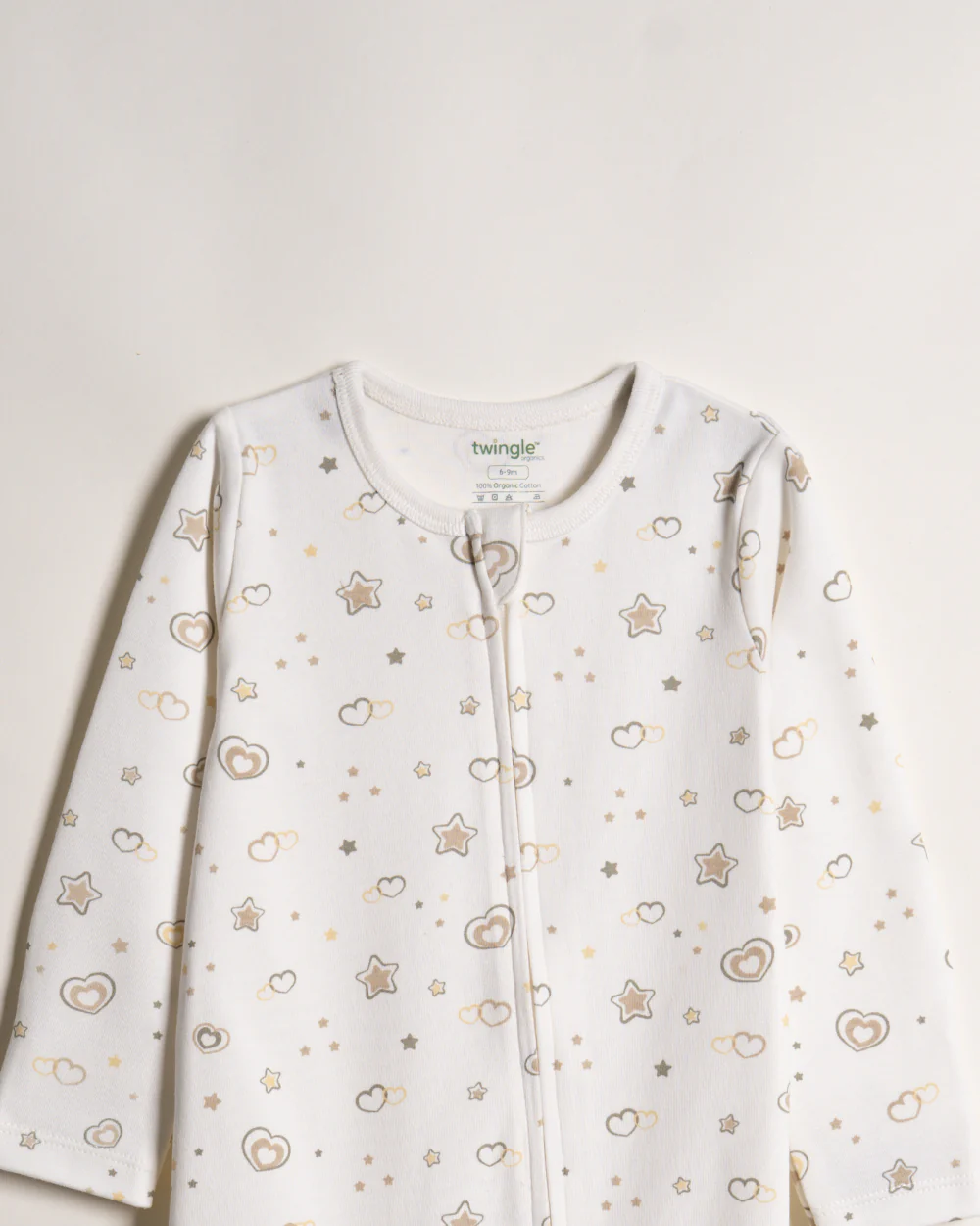 Twingle 100% Organic Cotton Sleepsuit-Zip Guard to Protect Baby's Chin & Neck-Two Way Zipper for Easy Diaper Change-Inbuilt Booties & Mittens-Hearts & Stars Print-White-For Infants - Image 4