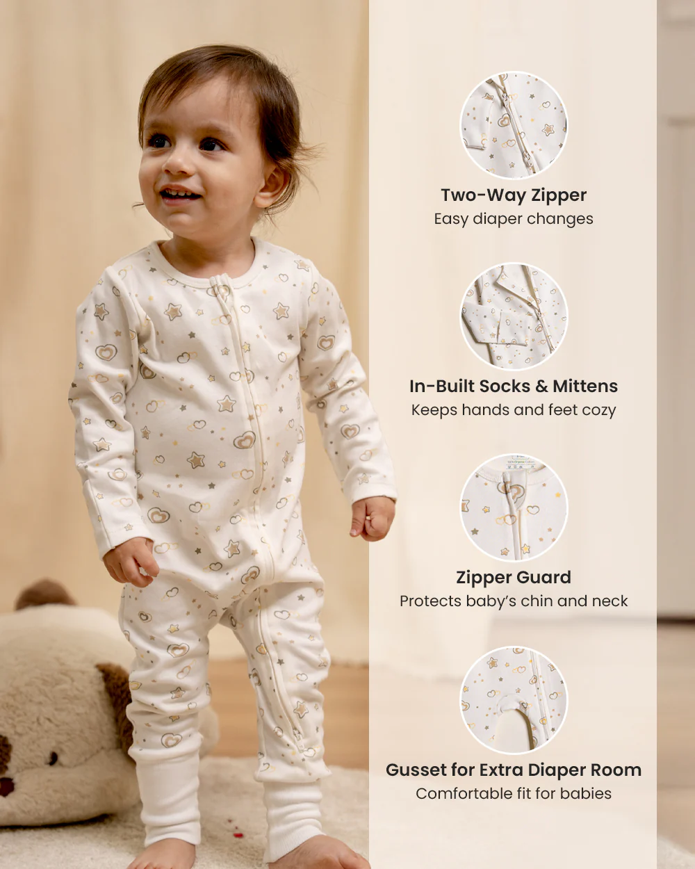 Twingle 100% Organic Cotton Sleepsuit-Zip Guard to Protect Baby's Chin & Neck-Two Way Zipper for Easy Diaper Change-Inbuilt Booties & Mittens-Hearts & Stars Print-White-For Infants - Image 6