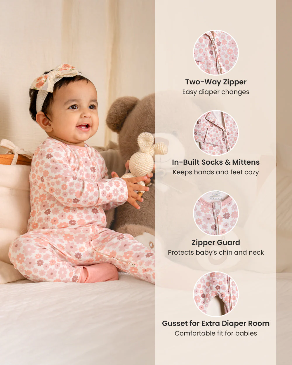 Twingle 100% Organic Cotton Sleepsuits-Zip Guard to Protect Baby's Chin & Neck-Two Way Zipper for Easy Diaper Change-Inbuilt Booties & Mittens-Long Sleeves-Hearts & Stars & Floral Print-White & Pastel Pink-Pack of 2-For Infants - Image 12