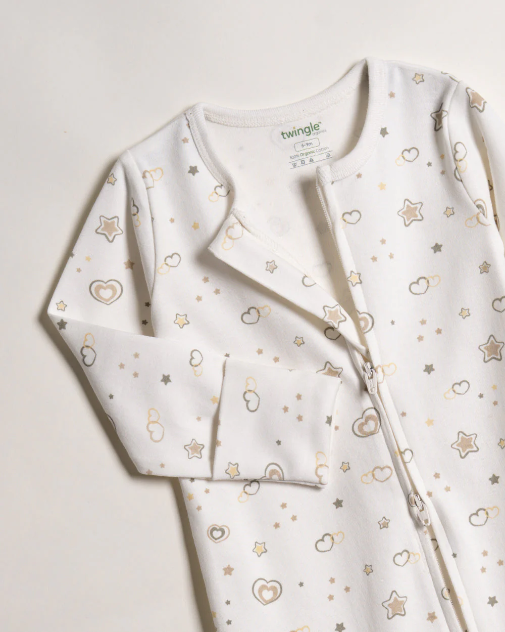 Twingle 100% Organic Cotton Sleepsuits-Zip Guard to Protect Baby's Chin & Neck-Two Way Zipper for Easy Diaper Change-Inbuilt Booties & Mittens-Long Sleeves-Hearts & Stars & Floral Print-White & Pastel Pink-Pack of 2-For Infants - Image 5
