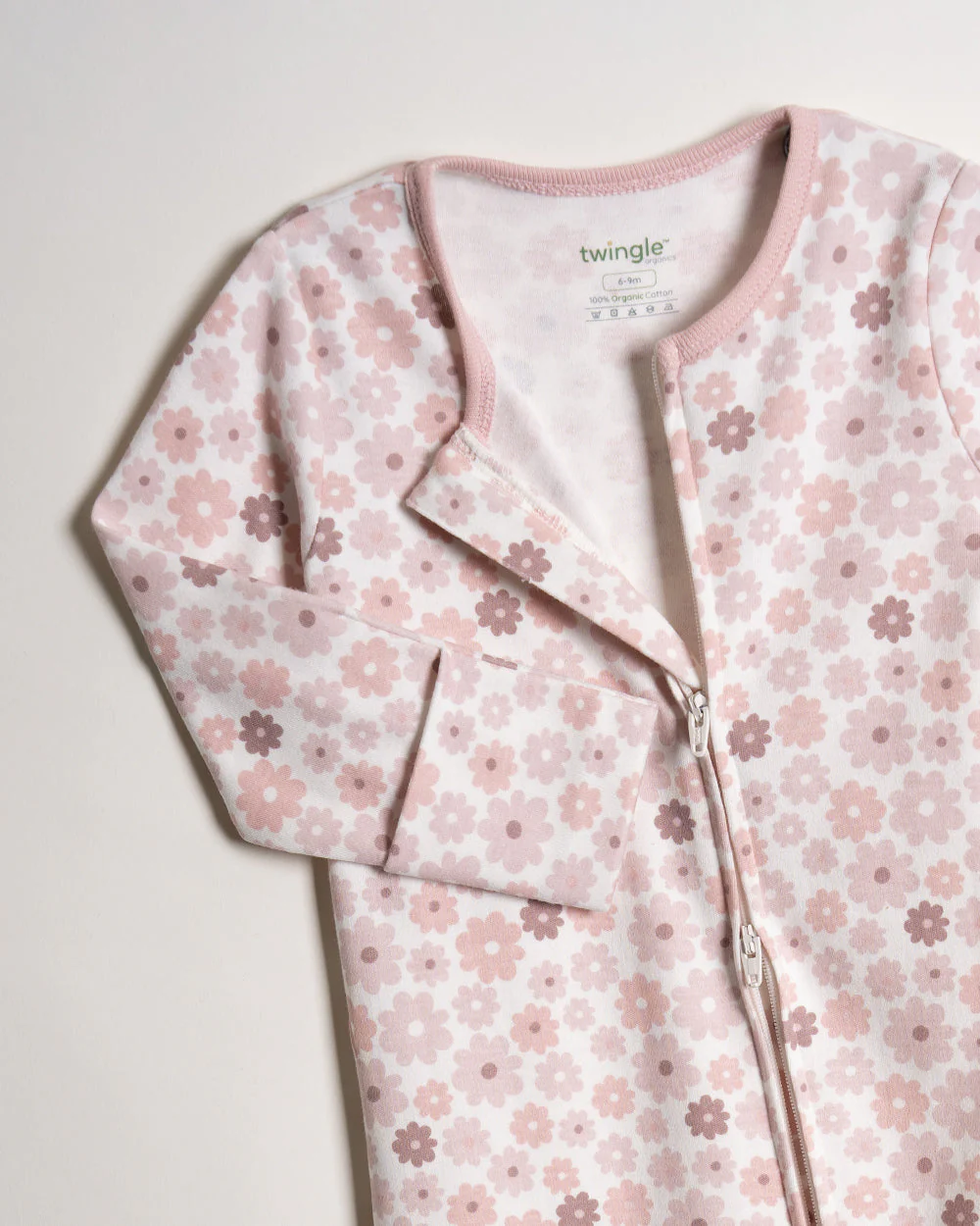 Twingle 100% Organic Cotton Sleepsuits-Zip Guard to Protect Baby's Chin & Neck-Two Way Zipper for Easy Diaper Change-Inbuilt Booties & Mittens-Long Sleeves-Hearts & Stars & Floral Print-White & Pastel Pink-Pack of 2-For Infants - Image 9