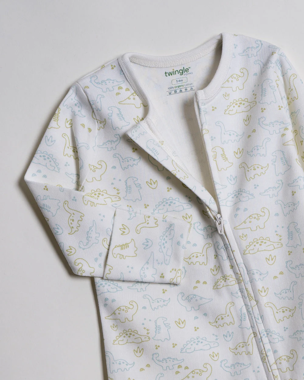 Twingle 100% Organic Cotton Sleepsuit-Zip Guard to Protect Baby's Chin & Neck-Two Way Zipper for Easy Diaper Change-Inbuilt Booties & Mittens-Dino Print-Light Blue-Pack of 2-For Infants - Image 10