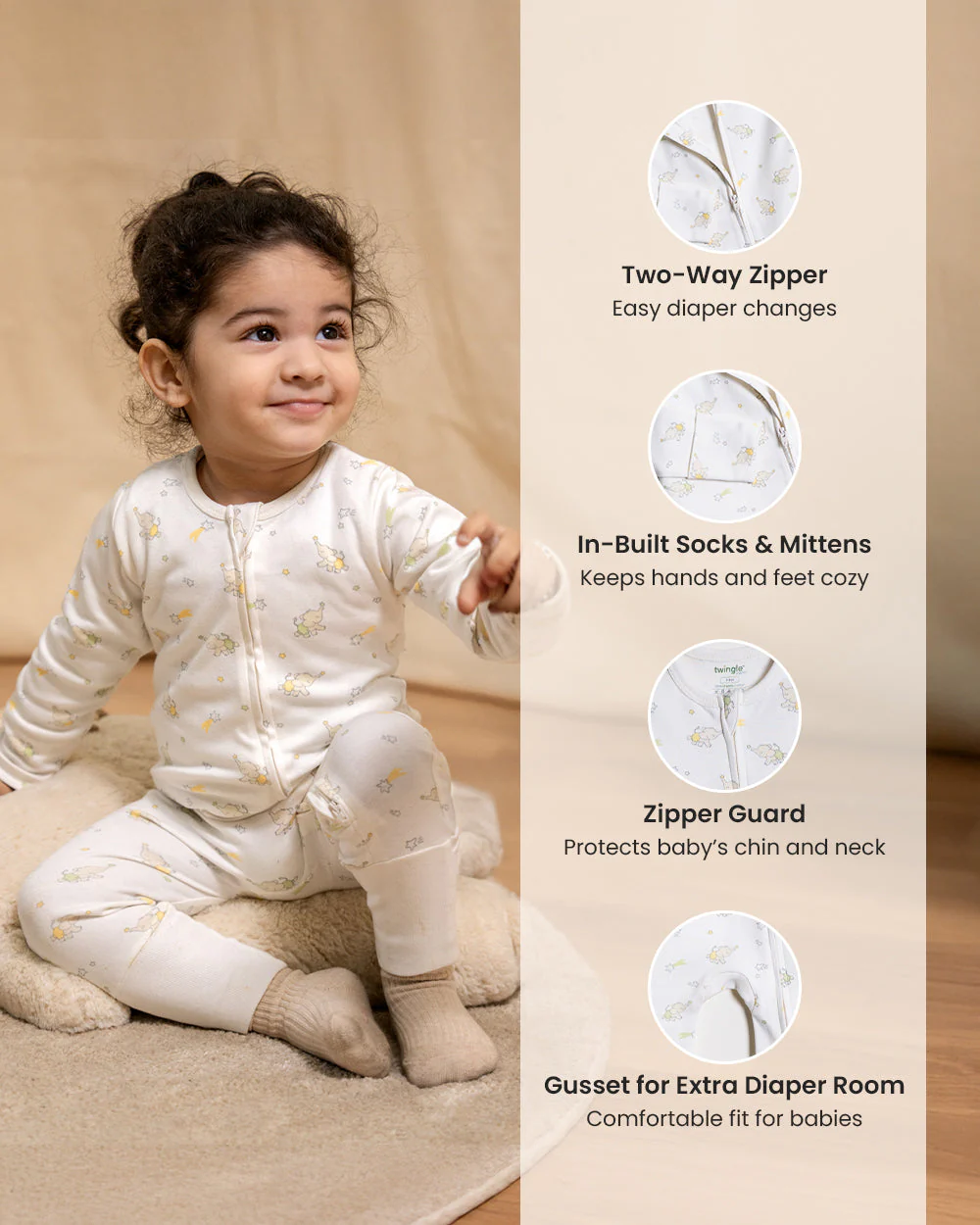 Twingle 100% Organic Cotton Sleepsuit-Zip Guard to Protect Baby's Chin & Neck-Two Way Zipper for Easy Diaper Change-Inbuilt Booties & Mittens-Elephant Print-Sage Green-Pack of 2-For Infants - Image 14