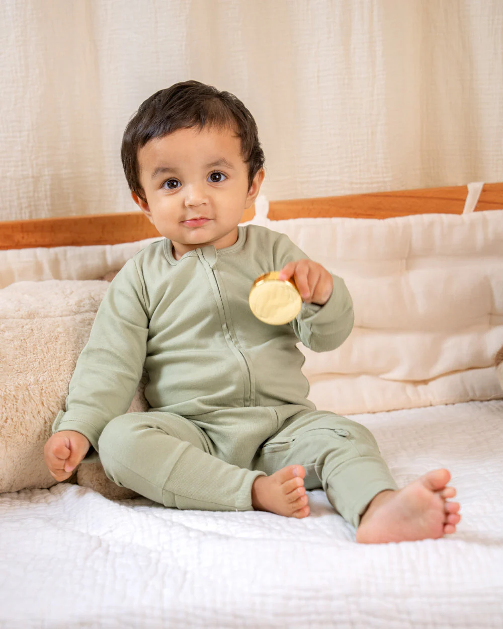Twingle 100% Organic Cotton Sleepsuit-Zip Guard to Protect Baby's Chin & Neck-Two Way Zipper for Easy Diaper Change-Inbuilt Booties & Mittens-Elephant Print-Sage Green-Pack of 2-For Infants - Image 3