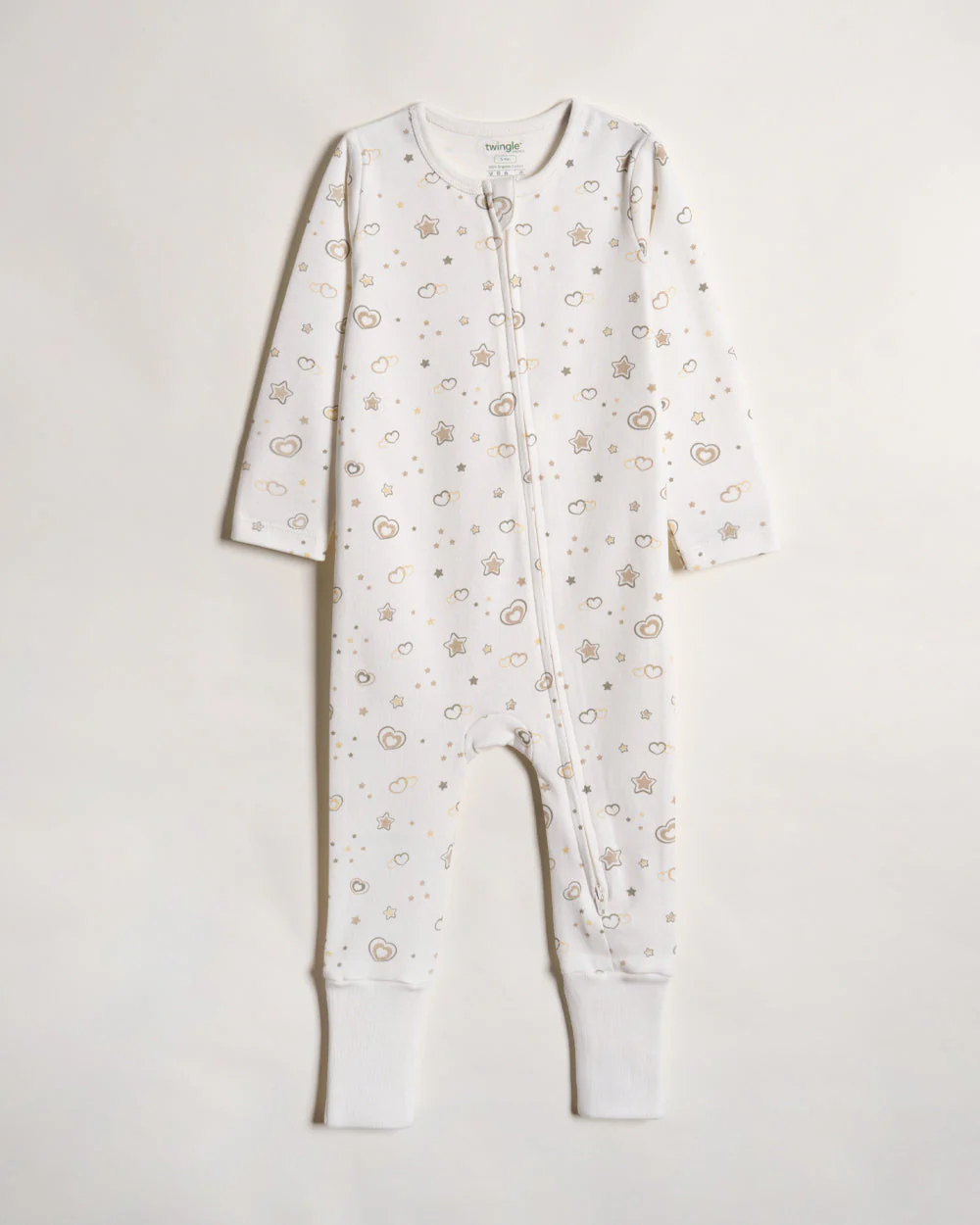 Twingle 100% Organic Cotton Sleepsuit-Zip Guard to Protect Baby's Chin & Neck-Two Way Zipper for Easy Diaper Change-Inbuilt Booties & Mittens-Hearts & Stars Print-Beige-Pack of 2-For Infants - Image 8