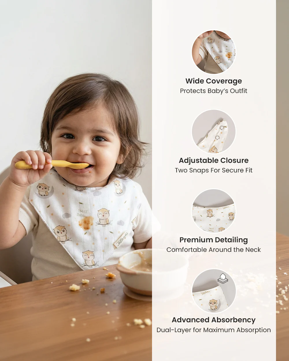 Twingle 100% Organic Muslin Bandana Bib-Dual Layer for Maximum Absorbency-Trusted YKK Snaps-Owls & Stars Print-Pack of 2-For Infants - Image 11