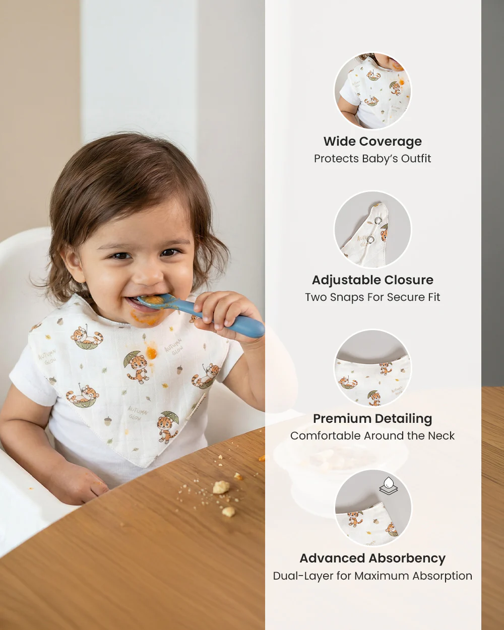 Twingle 100% Organic Muslin Bandana Bib-Dual Layer for Maximum Absorbency-Trusted YKK Snaps-Roar & Autumn Print-Pack of 2-For Infants - Image 11