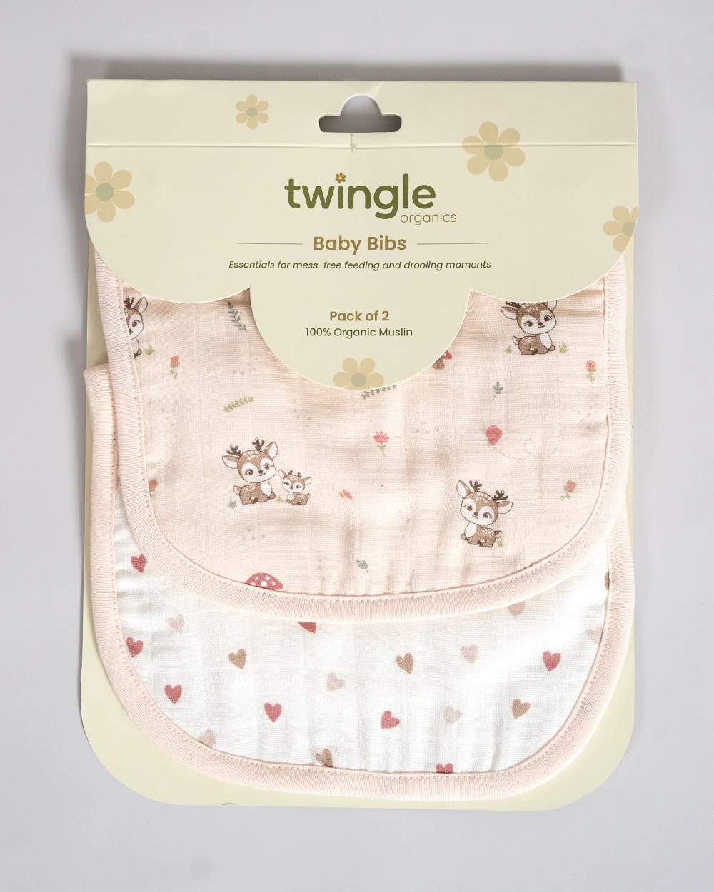 Twingle 100% Organic Muslin Bib-Soft Terry on the Back for maximum Absorbency-Trusted YKK Snaps-Deer & Hearts Print-Pack of 2-For Infants - Image 11