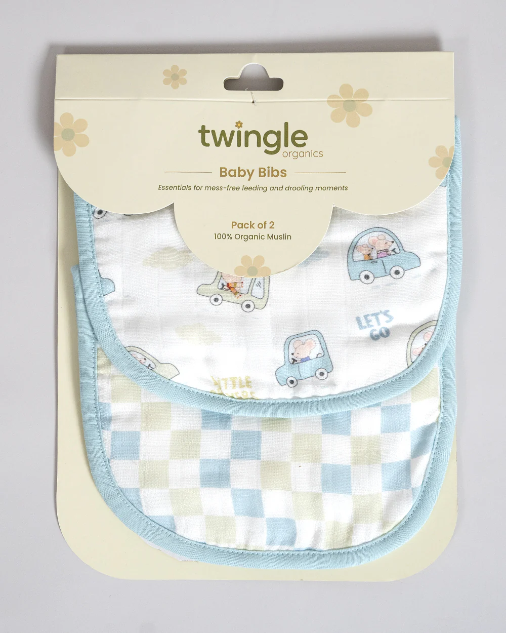 Twingle 100% Organic Muslin Bib-Soft Terry on the Back for maximum Absorbency-Trusted YKK Snaps-Drivers & Checks Print-Pack of 2-For Infants - Image 11
