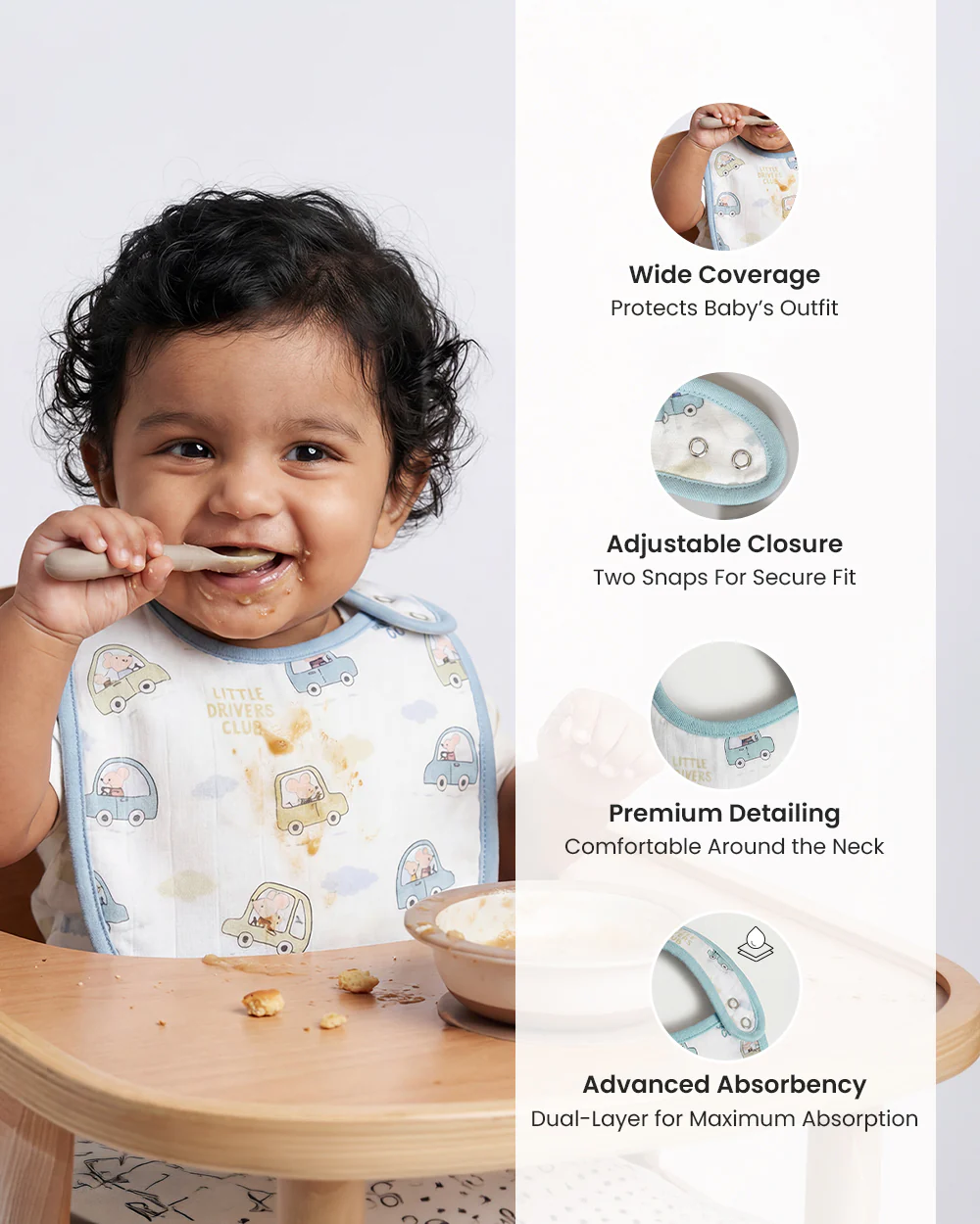 Twingle 100% Organic Muslin Bib-Soft Terry on the Back for maximum Absorbency-Trusted YKK Snaps-Drivers & Checks Print-Pack of 2-For Infants - Image 9