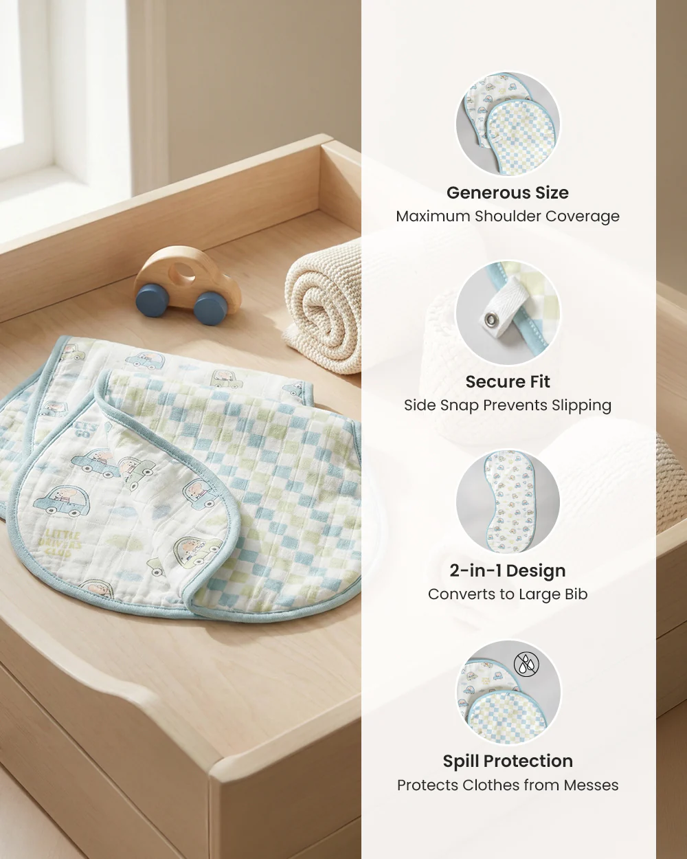 Twingle 100% Organic Muslin Burp Cloth-Reversible Design-Converts to Bib-Trusted YKK Snap-Driver & Checks Print-Pack of 2-For Infants - Image 5