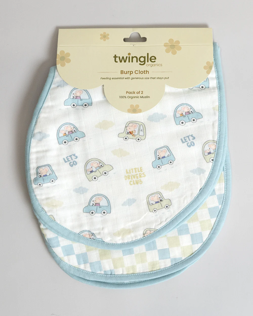 Twingle 100% Organic Muslin Burp Cloth-Reversible Design-Converts to Bib-Trusted YKK Snap-Driver & Checks Print-Pack of 2-For Infants - Image 7