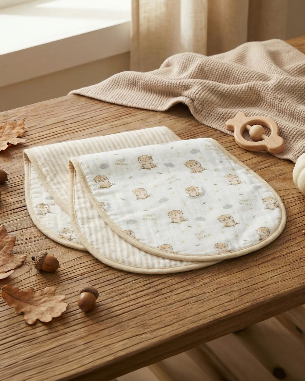 Twingle 100% Organic Muslin Burp Cloth-Reversible Design-Converts to Bib-Trusted YKK Snap-Owls & Stars Print-Pack of 2-For Infants