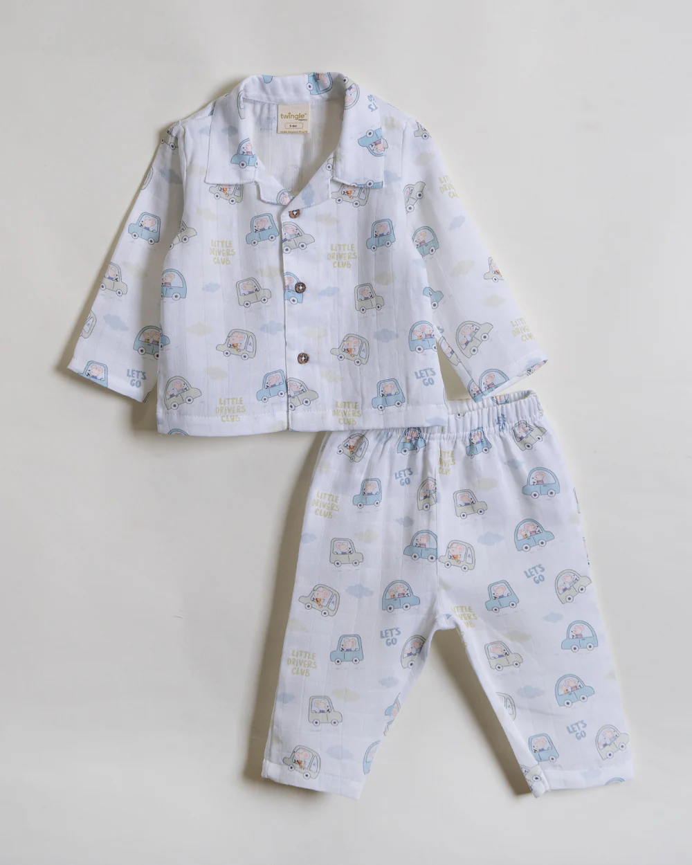 Twingle 100% Organic Muslin Nightsuit-Prevents Overheating-Naturally Temperature Regulating for Better Sleep-Soft Elasticated Waistband-Little Drivers-White-For Infants - Image 2
