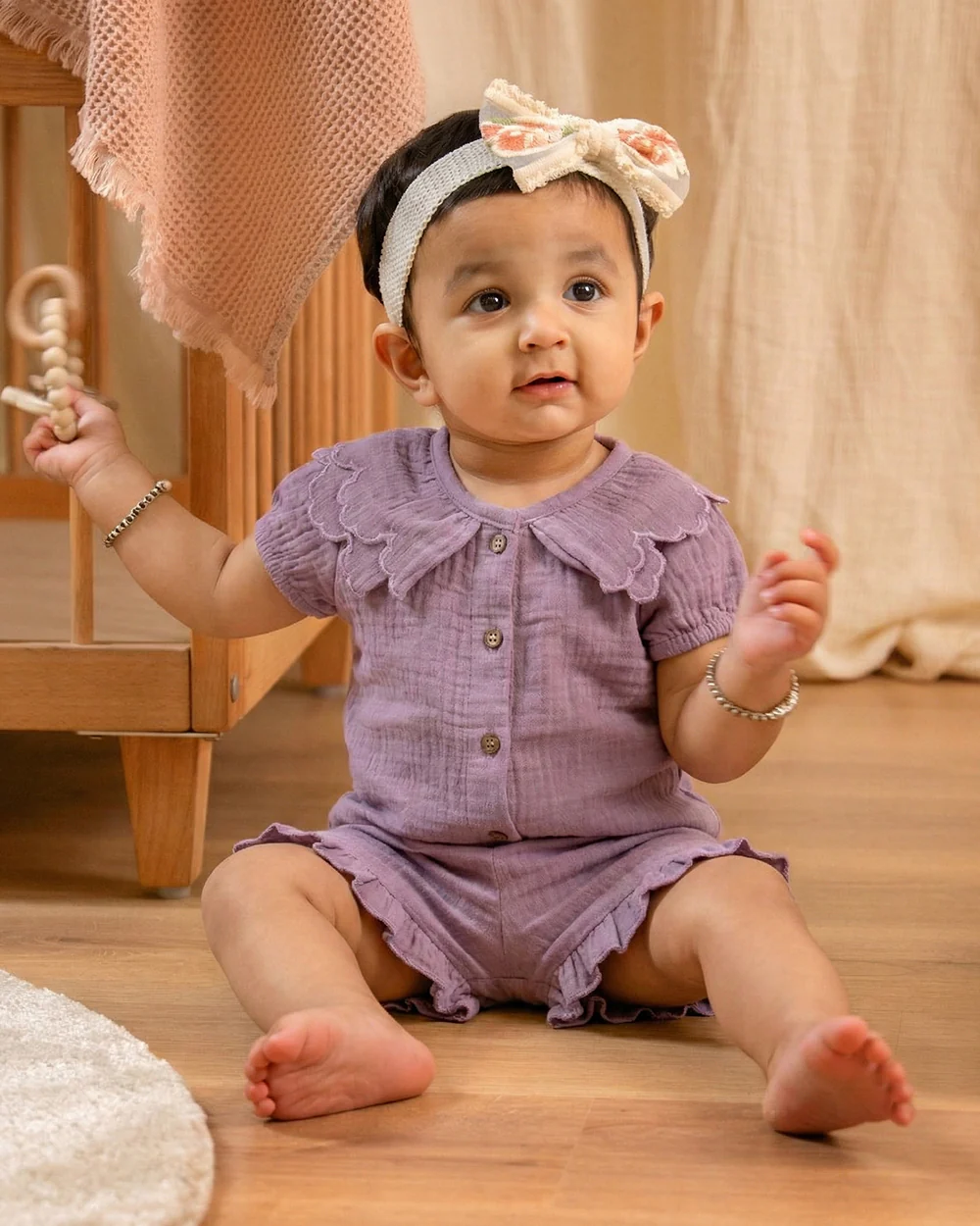 Twingle 100% Organic Muslin Shirt & Shorts Set-Lightweight & Breathable Fabric-Puff Sleeves-Soft Elasticated Waistband-Short Sleeves-Solid-Lavender-For Infants