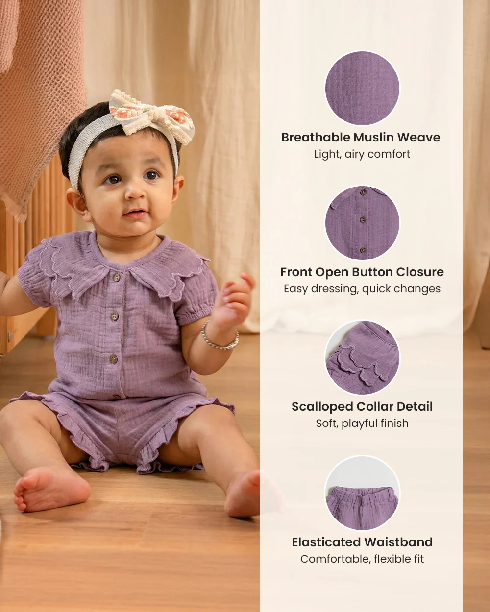 Twingle 100% Organic Muslin Shirt & Shorts Set-Lightweight & Breathable Fabric-Puff Sleeves-Soft Elasticated Waistband-Short Sleeves-Solid-Lavender-For Infants - Image 9