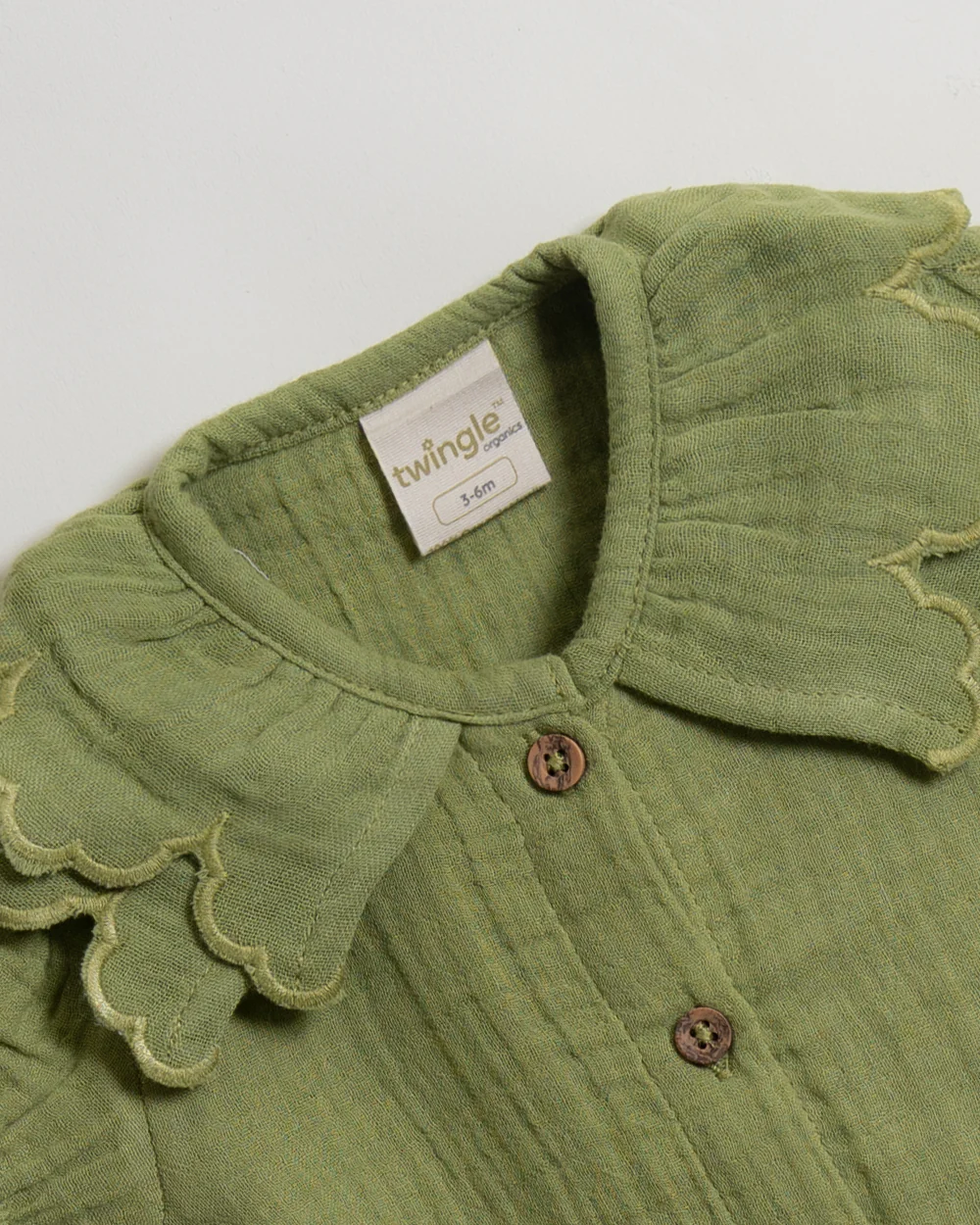 Twingle 100% Organic Muslin Shirt & Shorts Set-Lightweight & Breathable Fabric-Puff Sleeves-Soft Elasticated Waistband-Short Sleeves-Solid-Olive Green-For Infants - Image 4
