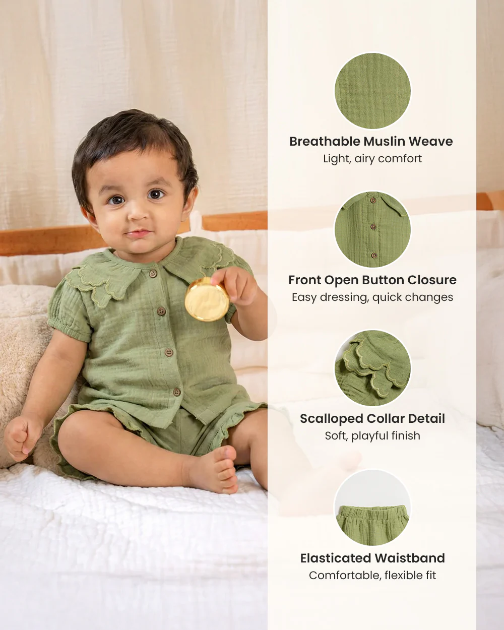 Twingle 100% Organic Muslin Shirt & Shorts Set-Lightweight & Breathable Fabric-Puff Sleeves-Soft Elasticated Waistband-Short Sleeves-Solid-Olive Green-For Infants - Image 9