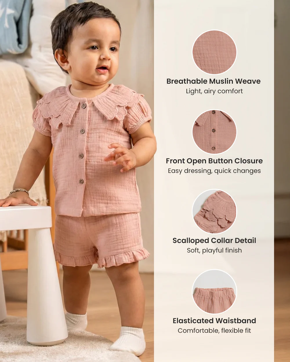 Twingle 100% Organic Muslin Shirt & Shorts Set-Lightweight & Breathable Fabric-Puff Sleeves-Soft Elasticated Waistband-Short Sleeves-Solid-Peach Pink-For Infants - Image 9