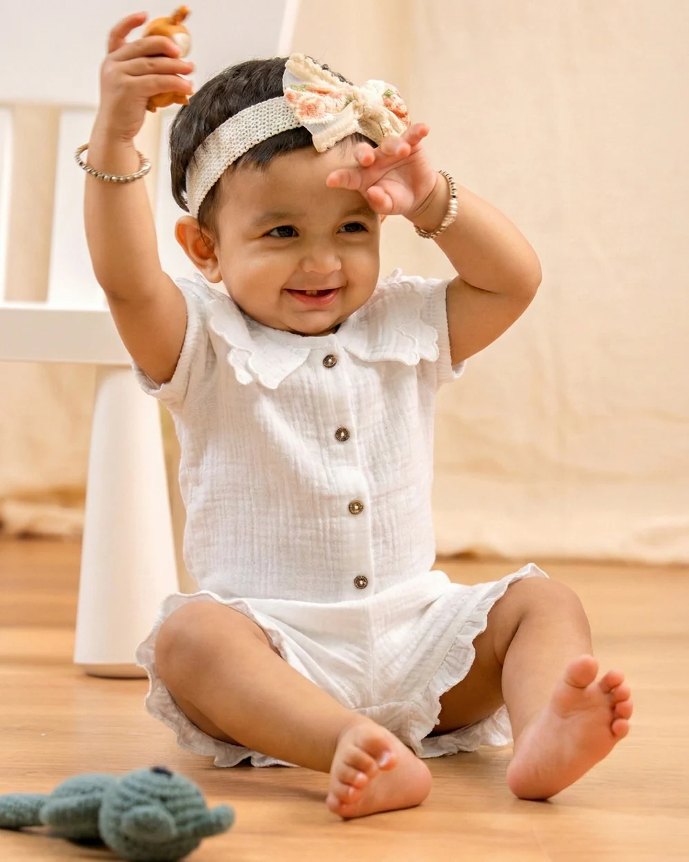 Twingle 100% Organic Muslin Shirt & Shorts Set-Lightweight & Breathable Fabric-Puff Sleeves-Soft Elasticated Waistband-Short Sleeves-Solid-White-For Infants