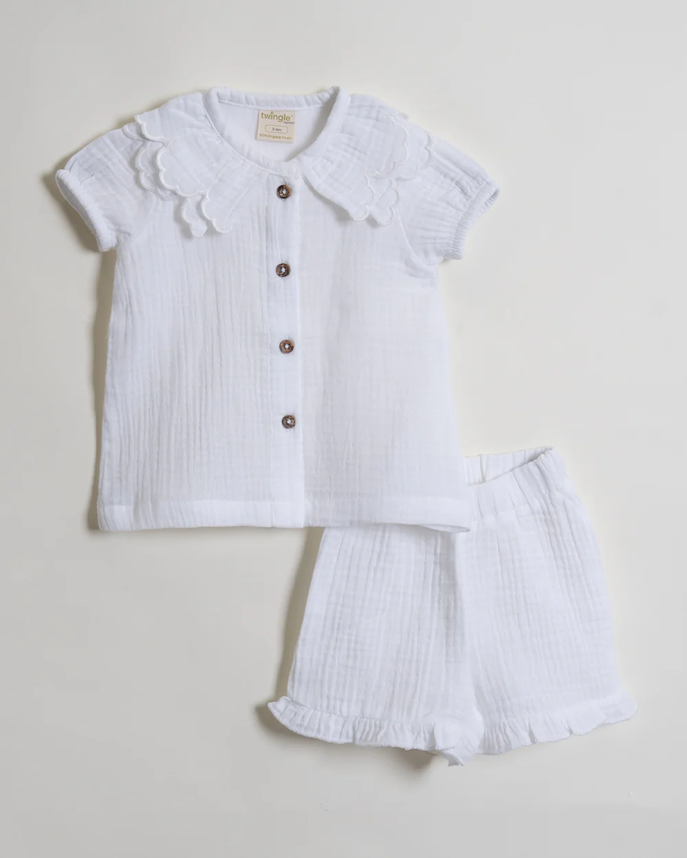 Twingle 100% Organic Muslin Shirt & Shorts Set-Lightweight & Breathable Fabric-Puff Sleeves-Soft Elasticated Waistband-Short Sleeves-Solid-White-For Infants - Image 2