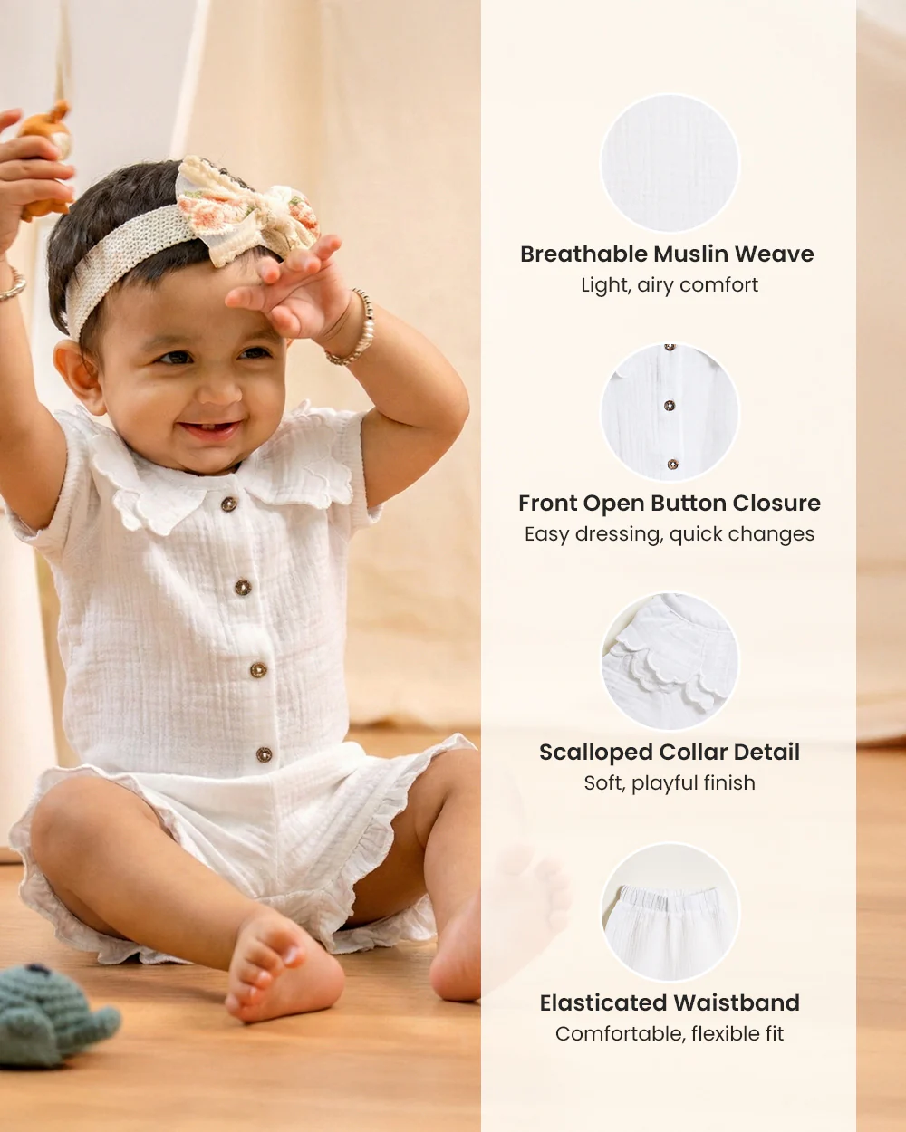 Twingle 100% Organic Muslin Shirt & Shorts Set-Lightweight & Breathable Fabric-Puff Sleeves-Soft Elasticated Waistband-Short Sleeves-Solid-White-For Infants - Image 9
